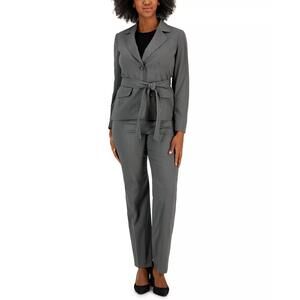 Le Suit, Gray, 14P, Women's Belted Pinstripe Blazer & Pants